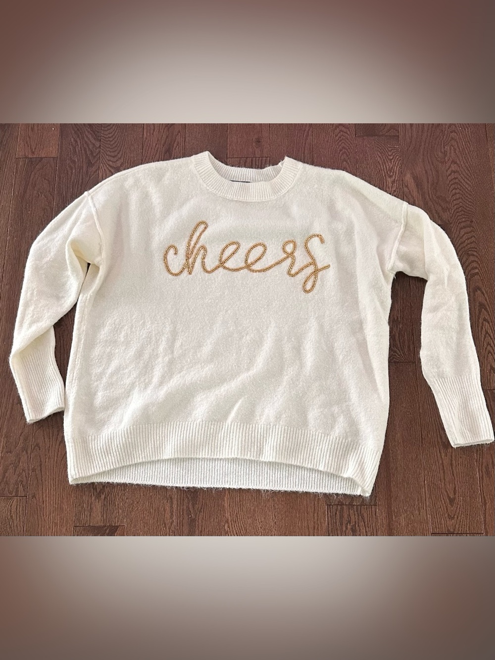 Vince Camuto Cream Crewneck Oversized Soft Sweater with Gold 'cheers' Script